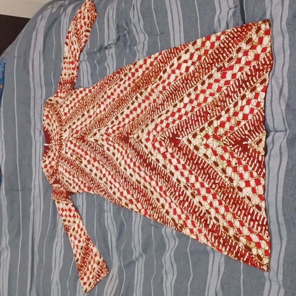 Vintage Handmade Print Kaftan Caftan Dress Maxi Bell Sleeves Red Cream M - Picture 2 of 5